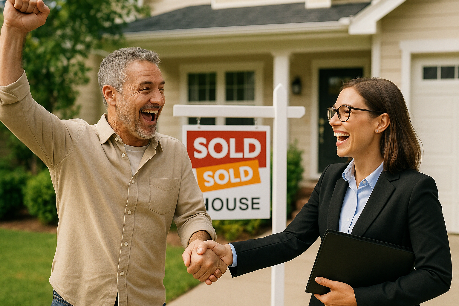 An image of a happy vendor with the estate agent who just sold his property