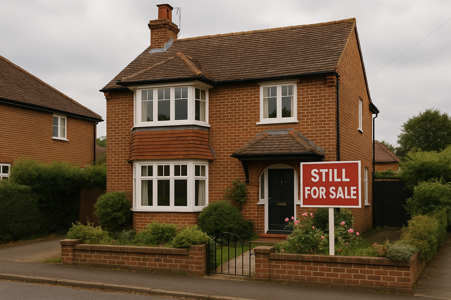An image of a typical english home with a board outside it that says 'Still For Sale'