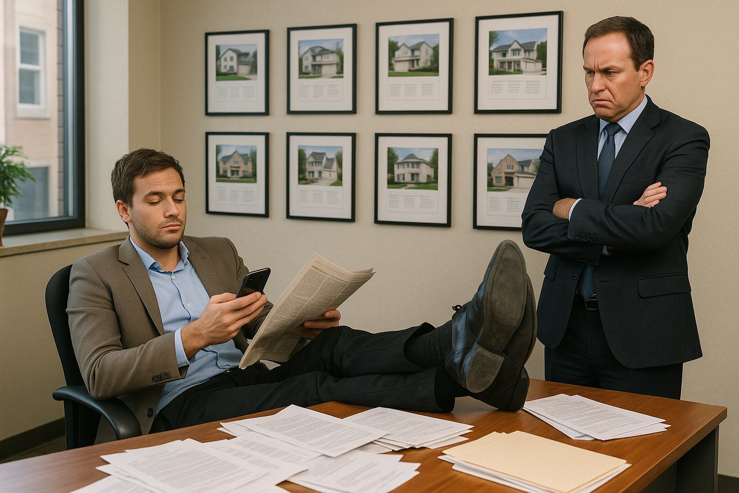 An image of an estate agent not working very hard whilst the vendor looks frustrated and angry at the lack of effort and work ethic. 